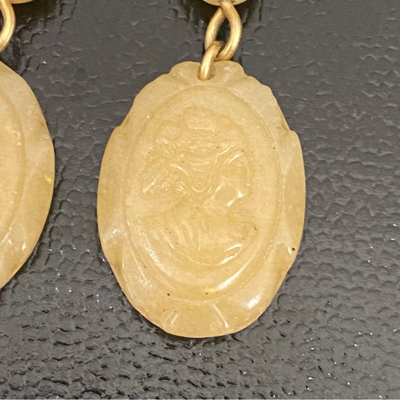 Vintage Carved Stone Mustard Cameo Drop Dangling Earrings - Picture 6 of 10